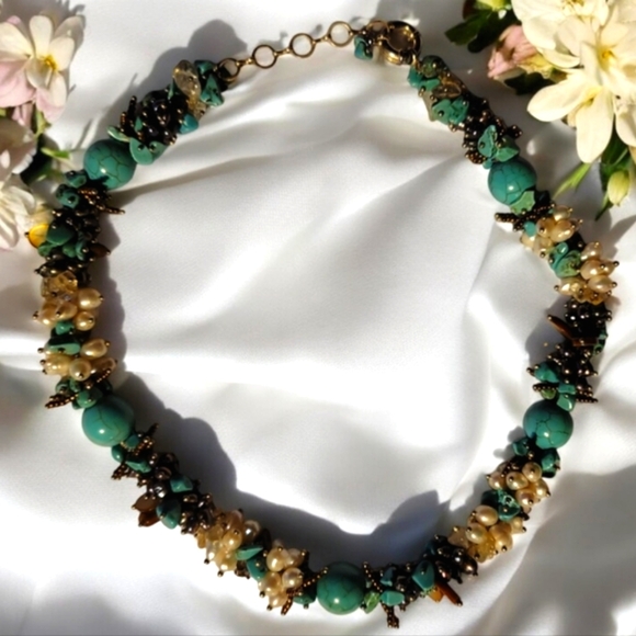 Genuine .925 Sterling Silver Necklace Czech Glass Seed Beads Pearl Turquoise - Picture 3 of 6